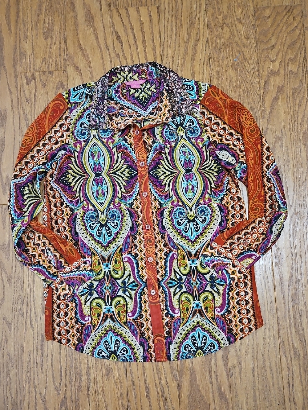 Sunny Leigh Multicolor Patterned Sheer Button Long Sleeve Blouse Medium
